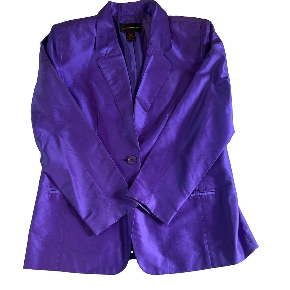 Vintage Harris Wallace Silk Blazer Womens 10 Purple One Button Lined Suit Jacket